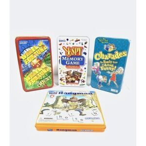 Collectible Tin Kids Travel Games I SPY Memory Charades Hangman Wheel of Fortune